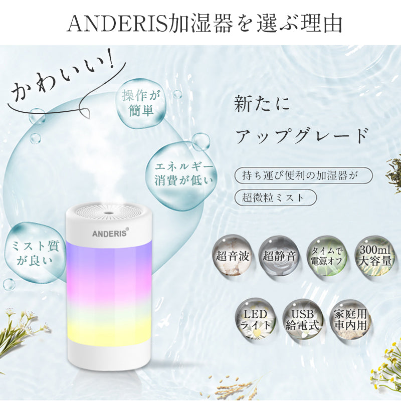 【ANDERIS 最新型 加湿器】卓上 小型 加湿器 超音波加湿器 usb LEDライト付き アロマ 上から給水 静音 省エネ おしゃれ 自動停止機能 アロマ加湿器 オフィス リビング ダイニング ライフスタイル 寝室 子供部屋 300ml