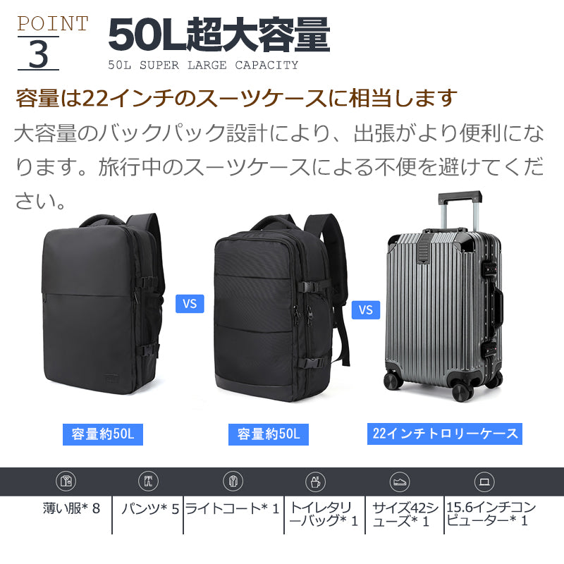 【ビジネスリュック】 メンズ 50l 大容量 防水 ビジネス リュック バッグ a4 pc usbポート 多機能 靴 収納 出張 旅行 ジム 防災 ナイロン 黒 ペットボトル 2way 30代 40代 大人 大学生 丈夫 韓国 おしゃれ カジュアル ギフト クリスマス お洒落 バックパック 通学 通勤 旅行用 背面ファスナー サイドポケット ショルダーベルト 撥水 15.6インチ ポケット 多い リュックサック 大きめ 軽量